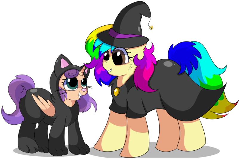 Size: 6900x4600 | Tagged: safe, artist:rainbowtashie, author:bigonionbean, derpibooru import, scootaloo, sweetie belle, oc, oc:rainbow tashie, oc:sweet scooter, earth pony, pegasus, pony, unicorn, animal costume, black cat, butt, cat costume, clothes, commissioner:bigonionbean, costume, extra thicc, female, filly, flank, fusion, fusion:sweet scooter, halloween, halloween costume, hat, holiday, image, mare, not an alicorn, plot, png, simple background, transparent background, witch, witch hat