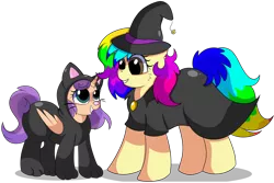 Size: 6900x4600 | Tagged: safe, artist:rainbowtashie, author:bigonionbean, derpibooru import, scootaloo, sweetie belle, oc, oc:rainbow tashie, oc:sweet scooter, earth pony, pegasus, pony, unicorn, animal costume, black cat, butt, cat costume, clothes, commissioner:bigonionbean, costume, extra thicc, female, filly, flank, fusion, fusion:sweet scooter, halloween, halloween costume, hat, holiday, image, mare, not an alicorn, plot, png, simple background, transparent background, witch, witch hat
