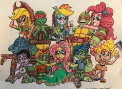 Size: 2852x2103 | Tagged: safe, artist:bozzerkazooers, derpibooru import, applejack, fluttershy, pinkie pie, rainbow dash, equestria girls, barely eqg related, bracelet, bubble guppies, clothes, cowboy hat, crossover, deema, deema (bubble guppies), ear piercing, earring, equestria girls-ified, geode of fauna, geode of sugar bombs, geode of super speed, geode of super strength, gil (bubble guppies), glasses, goby, goby (bubble guppies), hat, image, jewelry, jpeg, logo, magical geodes, michelangelo, nick jr., nickelodeon, nonny (bubble guppies), piercing, raphael, scuba mask, shoes, sneakers, teenage mutant ninja turtles, traditional art, weapon