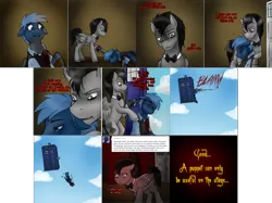 Size: 3006x2254 | Tagged: grimdark, artist:jitterbugjive, derpibooru import, doctor whooves, star hunter, time turner, pegasus, pony, ask discorded whooves, betrayal, blood, bowtie, bullet hole, bullet wound, cloud, comic, crossover, crying, dead, death, discord whooves, discorded, doctor who, dragging, gun, gunpoint, gunshot, image, implied discord, injured, jack harkness, male, moral event horizon, png, race swap, shooting, shot, sky, stallion, tardis, tardis console room, tardis control room, the doctor, weapon, who needs trigger fingers