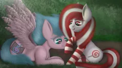 Size: 2992x1679 | Tagged: safe, artist:lewdielewd, derpibooru import, oc, oc:electric television, oc:lollipopsocks, earth pony, pegasus, pony, boop, candy, clothes, food, grass, image, lollipop, png, sitting, smiling, socks, wings