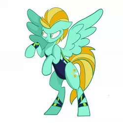 Size: 1911x1911 | Tagged: safe, artist:pfeffaroo, derpibooru import, lightning dust, pegasus, pony, bipedal, clothes, female, floppy ears, frown, hoofband, image, jpeg, leotard, looking away, looking sideways, mare, rearing, simple background, solo, spread wings, three quarter view, white background, wings, wristband