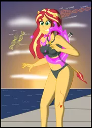 Size: 1461x2019 | Tagged: suggestive, artist:physicrodrigo, derpibooru import, part of a set, sunset shimmer, equestria girls, beach, beach shorts swimsuit, belly button, bikini, breasts, busty sunset shimmer, clothes, commission, dna, dropping, ear piercing, earring, erect nipples, female, geode of empathy, gritted teeth, hitting, human to pony, image, jewelry, magical geodes, midriff, nipple outline, ocean, piercing, png, pony ears, potion, shocked, solo, splashing, sun, sunset, sunset shimmer's beach shorts swimsuit, swimsuit, tail, the conversion bureau, transformation, transformation sequence, vial, walkway, wet, wide eyes