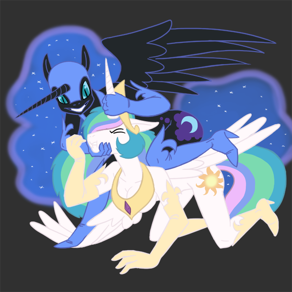 Size: 600x600 | Tagged: questionable, artist:carelessdoodler, derpibooru import, nightmare moon, princess celestia, alicorn, anthro, all fours, boots, breasts, busty nightmare moon, busty princess celestia, clothes, collar, crown, digital art, duo, duo female, eyes closed, female, fight, floppy ears, hanging breasts, high heel boots, horn, horn grab, image, jewelry, png, regalia, shoes, simple background, sports, spread wings, tail, thighs, wide hips, wings, wrestling