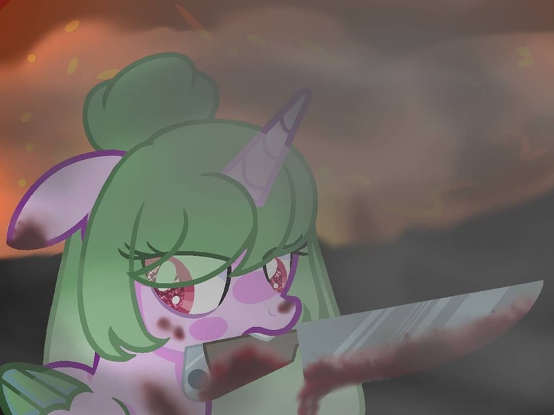 Size: 1080x810 | Tagged: semi-grimdark, alternate version, artist:lacey.wonder, derpibooru import, oc, unofficial characters only, alicorn, pony, alicorn oc, bruised, bust, eye clipping through hair, eyelashes, female, fog, horn, image, jpeg, knife, mare, mouth hold, outdoors, solo, starry eyes, two toned wings, wingding eyes, wings