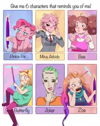 Size: 1080x1349 | Tagged: safe, artist:bubblefl00f, derpibooru import, pinkie pie, earth pony, human, pony, six fanarts, bee (bee and puppycat), bee and puppycat, bust, clothes, crossover, dc comics, female, fist bump, hoofbump, image, jpeg, league of legends, male, mare, mina ashido, my hero academia, peace sign, portal, star butterfly, star vs the forces of evil, the joker, thinking, zoe (league of legends)