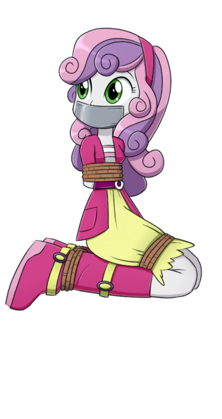 Size: 1399x2633 | Tagged: safe, artist:nivek15, derpibooru import, edit, sweetie belle, equestria girls, background removed, bondage, bound and gagged, gag, image, kidnapped, png, rope, rope bondage, simple background, solo, tape, tape gag, tied up, transparent background