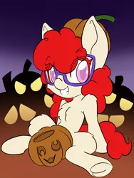 Size: 1536x2048 | Tagged: suggestive, artist:steelsoul, derpibooru import, twist, earth pony, pony, female, filly, foalcon, food, glasses, halloween, hat, holiday, image, png, pumpkin, pumpkin hat, smiling, strategically covered, underage