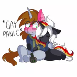 Size: 1378x1378 | Tagged: safe, artist:claire205715, derpibooru import, oc, oc:littlepip, oc:velvet remedy, unofficial characters only, pony, unicorn, fallout equestria, blushing, female, huggies, image, jpeg, lesbian, mare