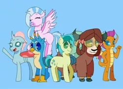 Size: 2048x1491 | Tagged: safe, artist:mythril azure, derpibooru import, gallus, ocellus, sandbar, silverstream, smolder, yona, changedling, changeling, classical hippogriff, dragon, earth pony, gryphon, hippogriff, pony, yak, blue background, bow, cloven hooves, colored hooves, dragoness, female, flying, group, hair bow, image, jewelry, jpeg, male, monkey swings, necklace, simple background, student six, teenager