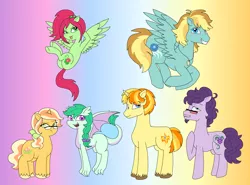 Size: 2846x2107 | Tagged: safe, artist:purfectprincessgirl, derpibooru import, oc, oc:apollo, oc:berry vine, oc:emerald gleam, oc:lady lace, oc:maverick, oc:spring melody, unofficial characters only, dracony, earth pony, hybrid, pegasus, pony, unicorn, facial hair, female, flying, freckles, glasses, goatee, gradient background, image, interspecies offspring, male, mare, next generation, offspring, parent:applejack, parent:big macintosh, parent:dumbbell, parent:flash sentry, parent:flim, parent:fluttershy, parent:pinkie pie, parent:rainbow dash, parent:rarity, parent:soarin', parent:spike, parent:twilight sparkle, parents:dumbdash, parents:flashlight, parents:flimjack, parents:fluttermac, parents:soarinpie, parents:sparity, png, stallion, tongue out, unshorn fetlocks