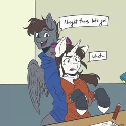 Size: 1048x1048 | Tagged: safe, artist:cluadiacloud, derpibooru import, oc, oc:artfulcord, oc:cluadia, unofficial characters only, pegasus, pony, unicorn, comic:fear of heights, amputee, clothes, confused, dialogue, drawing, female, image, lifting, male, mare, png, prosthetic leg, prosthetic limb, prosthetics, sikan pegasus, simple background, stallion