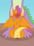 Size: 3000x4000 | Tagged: explicit, alternate version, artist:theonewithoutaname, derpibooru import, smolder, spike, anus, blowjob, blushing, blushing profusely, female, image, male, mlp fim's tenth anniversary, nudity, older, older smolder, older spike, oral, penis, png, sex, shipping, simple background, smolderriere, spolder, spread wings, straight, tail, vagina, wings