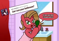 Size: 1280x892 | Tagged: safe, artist:ladyanidraws, derpibooru import, oc, oc:pun, earth pony, pony, ask pun, ask, bathroom, brush, image, jpeg, solo, towel, we don't normally wear clothes, wet