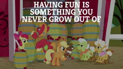 Size: 1920x1080 | Tagged: safe, derpibooru import, edit, edited screencap, screencap, apple bloom, applejack, big macintosh, goldie delicious, granny smith, winona, dog, earth pony, pony, going to seed, apple, applejack's hat, bow, cowboy hat, female, filly, food, hat, image, jpeg, male, open mouth, sitting