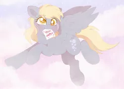 Size: 2156x1564 | Tagged: safe, artist:adostume, derpibooru import, derpy hooves, pegasus, pony, adorkable, blushing, cloud, cute, cutie mark, dork, eyelashes, female, fluffy, flying, happy, image, jpeg, mare, mouth hold, pink sky, positive message, positive ponies, raised hoof, sky, solo, sparkles, wholesome, wings