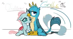 Size: 1100x600 | Tagged: safe, artist:johnerose126, derpibooru import, edit, gallus, ocellus, changedling, changeling, gryphon, behaving like a cat, catbird, cute, diaocelles, female, image, luslus, male, png, shipping, simple background, sitting, smiling, straight, tail wag, white background