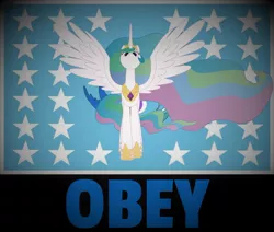 Size: 1280x1083 | Tagged: safe, derpibooru import, princess celestia, pony, dark background, equestrian flag, flag, image, intimidating, jpeg, looking at you, menacing, obey, spread wings, tyrant celestia, wings