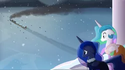 Size: 1920x1080 | Tagged: safe, artist:yudhaikeledai, derpibooru import, princess celestia, princess luna, ponified, alicorn, pony, alicorn princess, cape, clothes, coat, dark, duo, duo female, female, floppy ears, friendship express, frostpony, frostpunk, i can't believe it's not hasbro studios, ice, image, mare, png, post-apocalyptic, princess, sad, sadness, siblings, smoke, snow, snowfall, snowflake, standing, train, watching, winter clothes, winter coat, worried, worry, youtube link