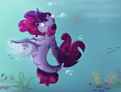 Size: 920x700 | Tagged: safe, artist:nuggdoodles, derpibooru import, oc, unofficial characters only, seapony (g4), bubble, clothes, coral, crepuscular rays, dorsal fin, female, fins, fin wings, fish tail, flowing mane, flowing tail, image, ocean, png, seaweed, see-through, smiling, solo, sunlight, tail, underwater, water, wings