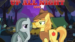 Size: 2064x1161 | Tagged: safe, anonymous artist, derpibooru import, braeburn, marble pie, earth pony, pony, braeble, campfire, camping, female, flower, forest, hill, image, looking at each other, lyrics in the description, male, mare, moon, mountain, night, outdoors, png, romance, scenery, shipping, smiling, song reference, stallion, stars, straight, tent, this will end in love, tree, youtube link in the description