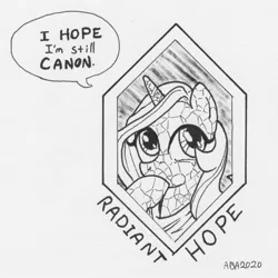 Size: 1199x1200 | Tagged: safe, artist:abronyaccount, derpibooru import, idw, radiant hope, crystal pony, pony, unicorn, black and white, border, breaking the fourth wall, bust, female, grayscale, hopeful, image, ink, ink drawing, inktober, inktober 2020, jpeg, mare, monochrome, portrait, signature, speech bubble, teary eyes, traditional art