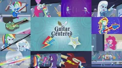 Size: 1978x1113 | Tagged: safe, derpibooru import, edit, edited screencap, editor:quoterific, screencap, pinkie pie, rainbow dash, rarity, trixie, equestria girls, guitar centered, angry, broken, duo, duo female, electric guitar, eyes closed, female, glowing eyes, guitar, image, musical instrument, open mouth, png, pointing, ponied up, sonic rainboom, teeth, trio, trio female