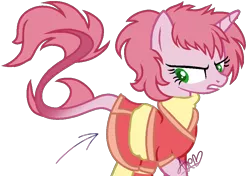 Size: 900x633 | Tagged: safe, artist:muhammad yunus, derpibooru import, classical unicorn, pony, unicorn, season 1, aelita schaeffer, arrow, clothes, cloven hooves, code lyoko, crossover, cute, g1 to g4, generation leap, gritted teeth, image, implied upskirt, leonine tail, looking at you, png, simple background, solo, transparent background, unshorn fetlocks
