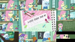 Size: 1280x721 | Tagged: safe, derpibooru import, edit, edited screencap, editor:quoterific, screencap, aqua blossom, blueberry cake, bulk biceps, fluttershy, trixie, wiz kid, bird, a little birdie told me, equestria girls, equestria girls series, chalkboard, duo, duo female, female, geode of fauna, image, jpeg, magical geodes, make my day, nest, open mouth, pencil, shocked, solo, tree