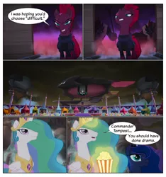 Size: 750x800 | Tagged: safe, derpibooru import, edit, edited screencap, editor:knightoftheraven, screencap, princess celestia, princess luna, tempest shadow, alicorn, pony, unicorn, my little pony: the movie, airship, broken horn, canterlot, comic, dialogue, english, female, food, horn, image, magic, magic aura, mare, png, popcorn, sarcasm, screencap comic, smug, speech bubble, storm guard, storm king's ship, unimpressed