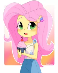 Size: 2283x2843 | Tagged: safe, artist:morusae, derpibooru import, fluttershy, equestria girls, abstract background, blushing, cherry, clothes, cupcake, cute, eyeshadow, female, food, high res, holding, image, jpeg, looking at you, makeup, shyabetes, solo