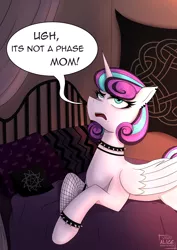 Size: 2126x3000 | Tagged: safe, alternate version, artist:alicetriestodraw, derpibooru import, princess flurry heart, alicorn, pony, bed, bracelet, choker, ear piercing, earring, eyeliner, fishnets, funny, goth, image, it's a phase, it's not a phase, jewelry, lying down, makeup, on bed, piercing, png, princess emo heart, prone, solo, spiked choker, spiked wristband, teenage flurry heart, teenager, wristband