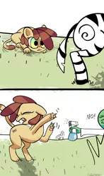 Size: 2503x4243 | Tagged: safe, artist:colochenni, derpibooru import, oc, oc:anon, big cat, lion, zebra, 2 panel comic, angry, bad pony, comic, female, hunting, image, imminent pounce, lion pony, no, png, savanna, scratching, spray bottle