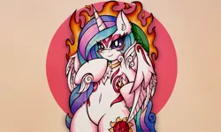 Size: 2048x1229 | Tagged: safe, artist:canvymamamoo, derpibooru import, princess celestia, alicorn, pony, alternate cutie mark, amaterasu, belly button, bipedal, circle background, crossover, ear fluff, female, fire, image, jpeg, looking at you, mare, okami, peytral, smiling, solo