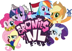 Size: 847x600 | Tagged: safe, derpibooru import, applejack, fluttershy, pinkie pie, rainbow dash, rarity, twilight sparkle, broniesnl, cheese, flag, food, image, logo, mane six, netherlands, png, tulip, waffle, windmill