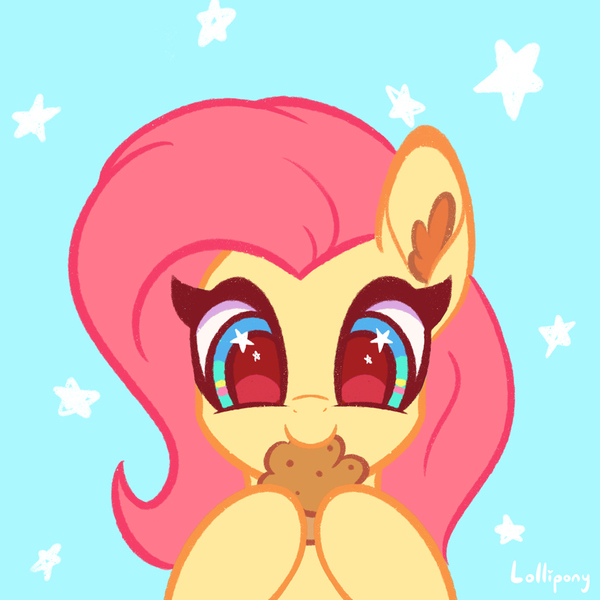 Size: 1000x1000 | Tagged: safe, artist:lollipony, derpibooru import, fluttershy, pony, blue background, bust, cute, dawwww, ear fluff, eating, female, food, image, jpeg, mare, muffin, nom, portrait, shyabetes, simple background, solo, starry eyes, stars, wingding eyes