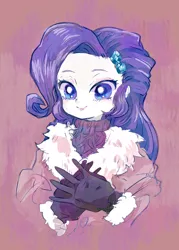 Size: 938x1312 | Tagged: safe, artist:osawari64, derpibooru import, rarity, equestria girls, bust, clothes, cute, female, gloves, image, jacket, jpeg, looking at you, purple background, raribetes, simple background, smiling, solo, sweater, winter outfit