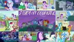Size: 1974x1112 | Tagged: safe, derpibooru import, edit, edited screencap, editor:quoterific, screencap, edith (cockatrice), gallus, maud pie, mudbriar, roseluck, silverstream, smolder, starlight glimmer, sunburst, terramar, trixie, bird, cockatrice, dragon, earth pony, gryphon, pony, unicorn, student counsel, angry, bag, cape, clothes, dragoness, female, glasses, glowing horn, group hug, hat, horn, hug, image, magic, magic aura, male, open mouth, petrification, png, saddle bag, school of friendship, shocked, spying, stone, trixie's cape, trixie's hat, turned to stone