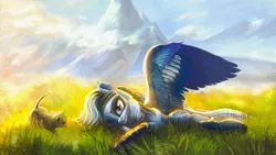 Size: 2500x1406 | Tagged: safe, artist:stdeadra, derpibooru import, oc, cat, pegasus, pony, cloud, grass, image, jpeg, lying down, mountain, nature, scenery, side, sky, solo