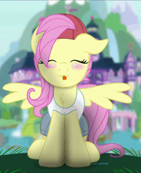 Size: 800x981 | Tagged: safe, artist:bastbrushie, derpibooru import, fluttershy, pegasus, pony, 90s grunge fluttershy, :p, animated, bastbrushie is trying to kill us, blushing, chest fluff, clothes, cute, daaaaaaaaaaaw, eyes closed, female, fluffy, full face view, gameloft, gameloft interpretation, gif, grass, ground, happy, hat, image, jeans, mare, pants, school, shirt, shyabetes, silly, silly pony, sitting, solo, tail, text, tongue out, weapons-grade cute, wings
