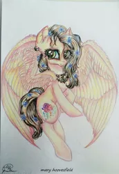 Size: 705x1024 | Tagged: safe, artist:maryhoovesfield, derpibooru import, oc, unofficial characters only, pegasus, pony, eyelashes, image, jewelry, jpeg, necklace, pegasus oc, rearing, signature, smiling, solo, traditional art, wings