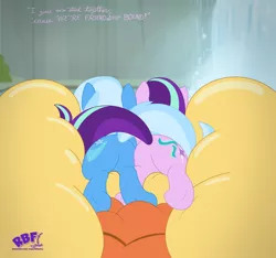 Size: 3840x3600 | Tagged: suggestive, artist:rupertbluefox, derpibooru import, part of a set, starlight glimmer, trixie, pony, unicorn, art pack:plots of raft squishy, road to friendship, butt, butt squish, cute, dock, female, fetish, ghastly gorge, glimmer glutes, i guess we're stuck together, image, inflatable, inflatable fetish, inflatable raft, inflation, intertwined tails, lyrics, mare, plot, png, raft, rear view, river, rubbery, show accurate, smooshed, squished, squishy, tail, text, that pony sure does love rafts, the great and powerful ass, underhoof, waterfall, we're friendship bound