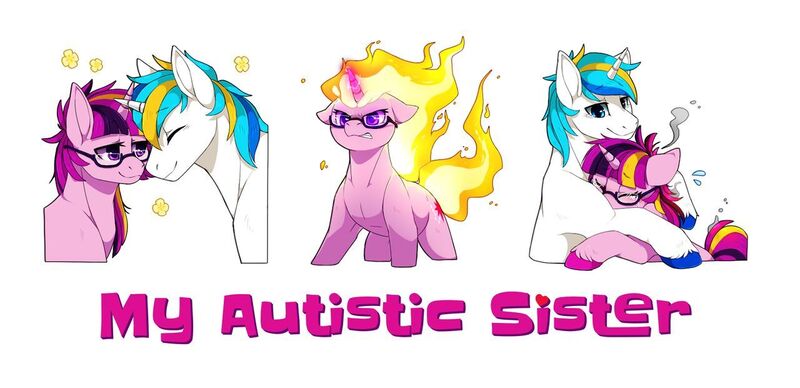 Size: 1280x620 | Tagged: safe, artist:mr-tiaa, artist:starponys87, derpibooru import, oc, oc:nightlight, oc:nightlight sparkleheart, oc:white night, unofficial characters only, pony, unicorn, autism, bbbff, best friends, bff, big brother, clothes, crying, female, fire, geek, glasses, horn, hug, image, jpeg, little sister, male, mane on fire, mare, nerd, nuzzles, nuzzling, shirt, stallion, t-shirt, unicorn oc