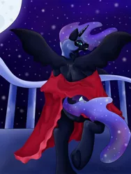 Size: 960x1280 | Tagged: suggestive, artist:marcushunter, derpibooru import, nightmare moon, alicorn, semi-anthro, balcony, female, full moon, grin, image, jpeg, lidded eyes, looking at you, looking back, looking back at you, moon, night, red dress, signature, smiling, solo, solo female, spread wings, stars, underhoof, undressing, wings