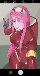 Size: 1600x2993 | Tagged: safe, artist:zettaidullahan, derpibooru import, pinkie pie, human, clothes, cosplay, costume, darling in the franxx, devil horns, female, gloves, grin, humanized, image, jpeg, one eye closed, phone screen, selfie, smiling, solo, wink, zero two (darling in the franxx)