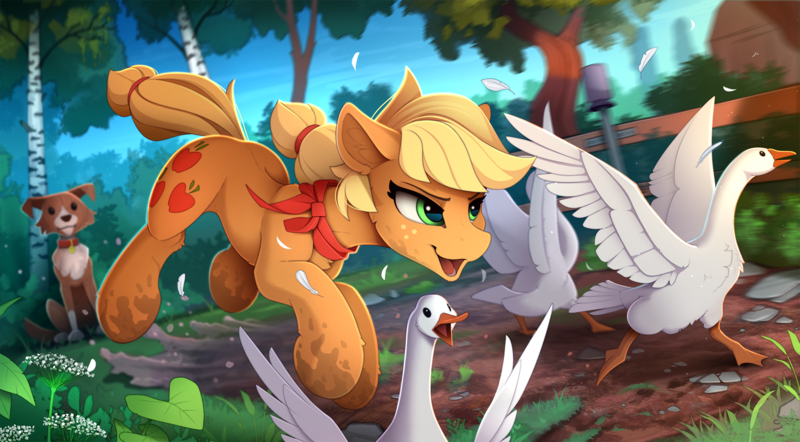 Size: 2300x1270 | Tagged: safe, artist:yakovlev-vad, derpibooru import, applejack, winona, bird, dog, earth pony, goose, pony, :i, action pose, applebetes, appledog, bandana, behaving like a dog, chase, cheek fluff, chest fluff, cute, dirt, dirty, ear fluff, excitement, feather, female, fluffy, forest, glare, hatless, hoof fluff, image, jackabetes, leg fluff, mare, missing accessory, mud, muddy hooves, open mouth, png, running, shoulder fluff, smiling, smirk, spread wings, sweet dreams fuel, teaching, tree, wings