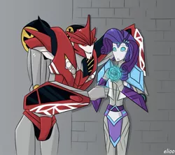 Size: 1035x919 | Tagged: safe, artist:elioo, derpibooru import, rarity, equestria girls, autobot, crossover, crossover shipping, cybertronian, decepticon, equestria bots, female, flower, image, jpeg, knock out, leaning, male, rose, shipping, smiling, species swap, transformerfied, transformers, transformers prime, wall