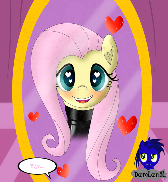 Size: 3840x4154 | Tagged: safe, artist:damlanil, derpibooru import, fluttershy, pegasus, pony, blushing, carousel boutique, catsuit, clothes, comic, cute, female, happy, heart, heart eyes, image, latex, latex suit, looking at you, mare, mirror, open mouth, png, rubber, shine, shiny, shyabetes, simple background, smiling, spy, suit, text, vector, wingding eyes, wings, yay