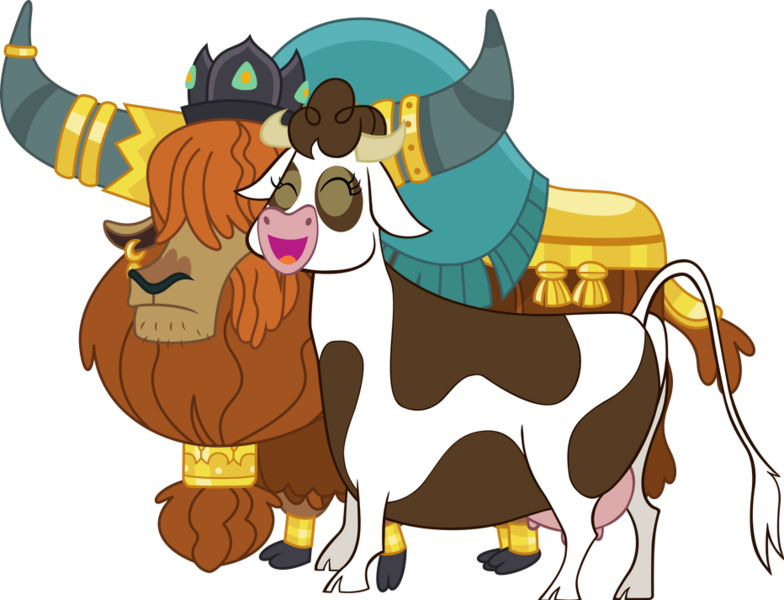 Size: 932x713 | Tagged: safe, artist:atmospark, artist:parclytaxel, derpibooru import, edit, vector edit, daisy jo, prince rutherford, cow, yak, party pooped, cloven hooves, crack shipping, crown, ear piercing, earring, female, gold, horn, horn ring, image, jewelry, male, piercing, png, regalia, ring, rutherjo, shipping, simple background, straight, .svg available, transparent background, udder, vector