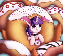 Size: 3000x2626 | Tagged: safe, artist:hitbass, derpibooru import, oc, oc:lapush buns, unofficial characters only, bunnycorn, pony, unicorn, bowtie, bunny ears, carrot, donut, food, image, jpeg, male, solo, stallion